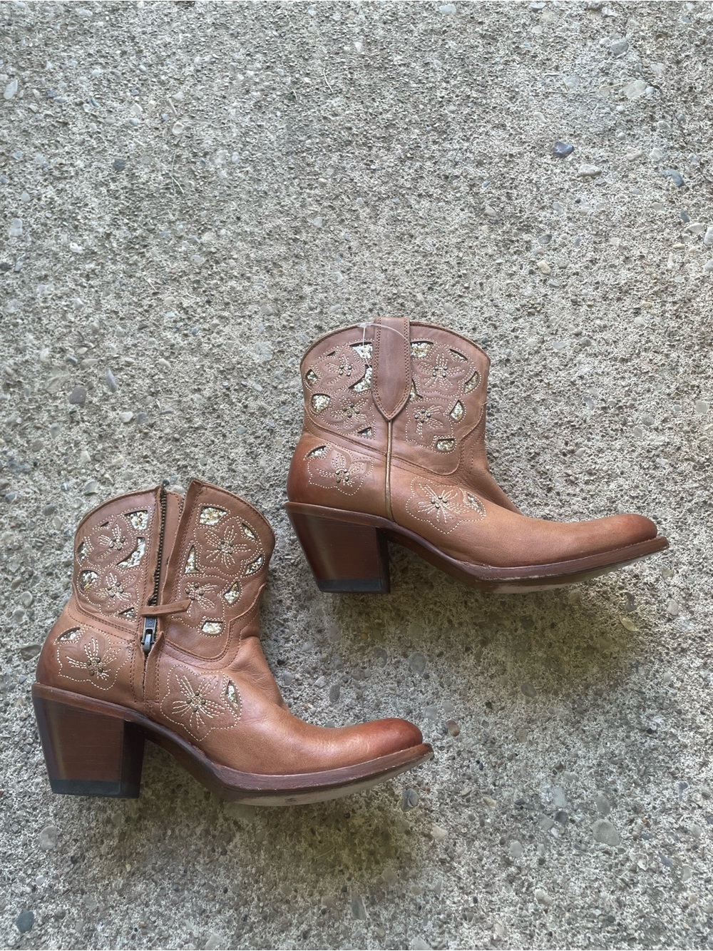Shyanne LILY Brown Leather Glitter Inlay Round Toe Zip Western Boots Womens 8.5